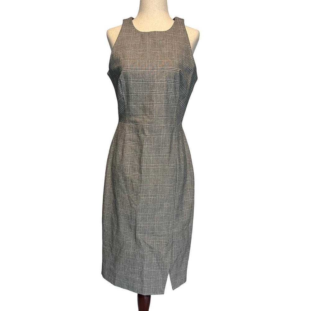 Banana Republic Women 8 Racer Sheath Dress Sleeveless Grey Plaid Academia Office